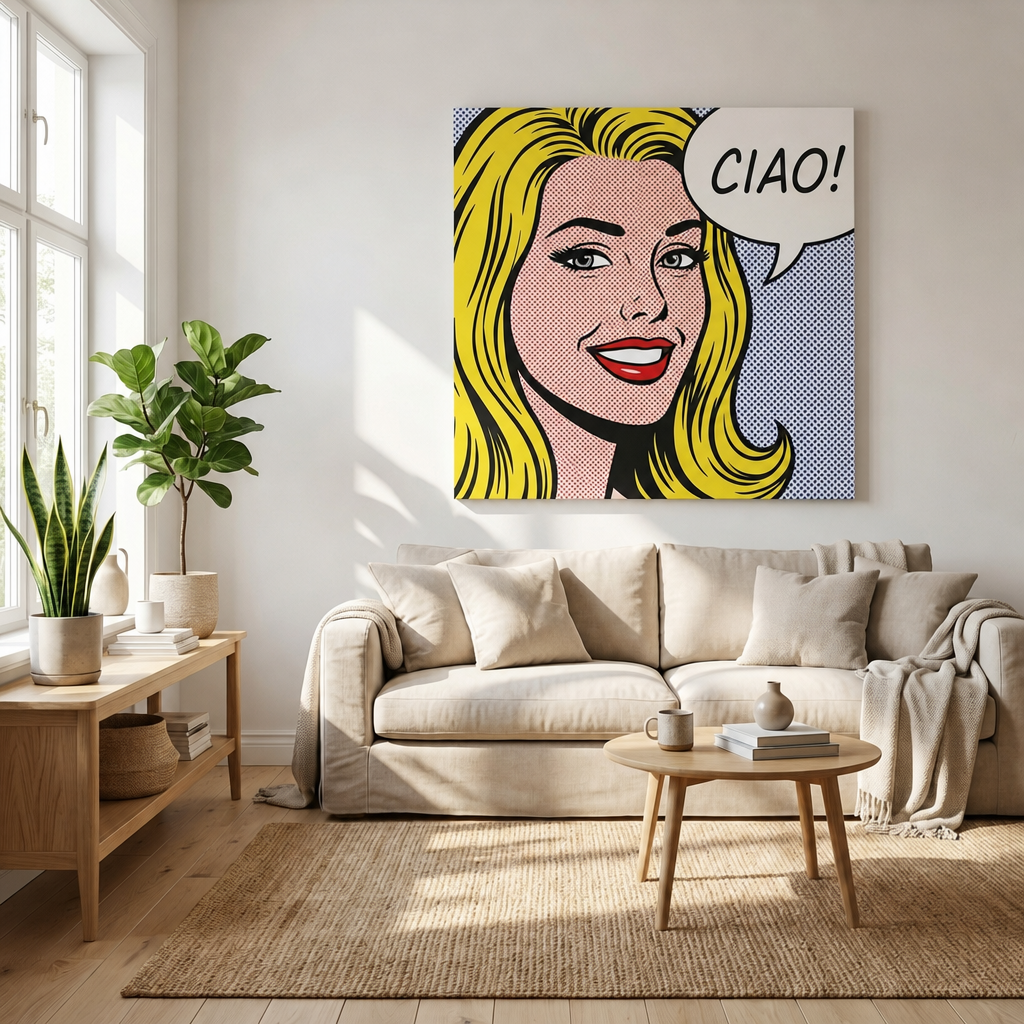 Quadro pop-art su tela appeso in soggiorno sopra il divano – regalo personalizzato da foto, Papilora
