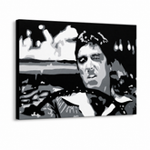 Dipinto a mano POP Art AL PACINO 1 pezzo al13 – Visualizzazione 3D del quadro dipinto a mano su sfondo bianco. Colori dominanti: nero, bianco, grigio.