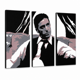 Dipinto a mano POP Art AL PACINO 3 pezzi al11 | dimensioni diverse – Visualizzazione 3D del quadro dipinto a mano su sfondo bianco. Colori dominanti: nero, grigio, rosa, bianco, marrone.
