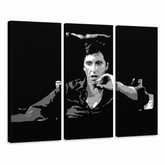 Dipinto a mano POP Art AL PACINO 3 pezzi al16 – Visualizzazione 3D del quadro dipinto a mano su sfondo bianco. Colori dominanti: nero, grigio, bianco.