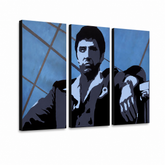 Dipinto a mano POP Art AL PACINO 3 pezzi al19 – Visualizzazione 3D del quadro dipinto a mano su sfondo bianco. Colori dominanti: blu, nero, bianco.