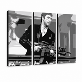 Dipinto a mano POP Art AL PACINO 3 pezzi al2 – Visualizzazione 3D del quadro dipinto a mano su sfondo bianco. Colori dominanti: nero, grigio, bianco.