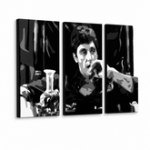 Dipinto a mano POP Art AL PACINO 3 pezzi al22 – Visualizzazione 3D del quadro dipinto a mano su sfondo bianco. Colori dominanti: nero, grigio, bianco.