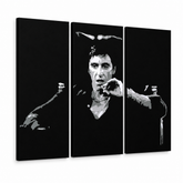Dipinto a mano POP Art AL PACINO 3 pezzi al27 – Visualizzazione 3D del quadro dipinto a mano su sfondo bianco. Colori dominanti: nero, grigio, bianco.