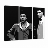 Dipinto a mano POP Art AL PACINO 3 pezzi al31 – Visualizzazione 3D del quadro dipinto a mano su sfondo bianco. Colori dominanti: nero, bianco, grigio.
