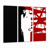 Dipinto a mano POP Art AL PACINO 3 pezzi al33 – Visualizzazione 3D del quadro dipinto a mano su sfondo bianco. Colori dominanti: nero, bianco, rosso.