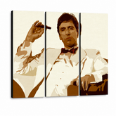 Dipinto a mano POP Art AL PACINO 3 pezzi al34 – Visualizzazione 3D del quadro dipinto a mano su sfondo bianco. Colori dominanti: marrone, beige, bianco, nero.