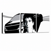 Dipinto a mano POP Art AL PACINO 3 pezzi al9 – Visualizzazione 3D del quadro dipinto a mano su sfondo bianco. Colori dominanti: nero, bianco, grigio.
