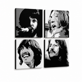 Dipinto a mano POP Art BEATLES 4 pezzi bea4 – Visualizzazione 3D del quadro dipinto a mano su sfondo bianco. Colori dominanti: nero, bianco, grigio.
