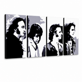 Dipinto a mano POP Art Beatles 4 pezzi bea5 – Visualizzazione 3D del quadro dipinto a mano su sfondo bianco. Colori dominanti: nero, grigio, bianco, oro.