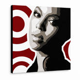 Dipinto a mano POP Art BEYONCÉ 1 pezzo bey3 – Visualizzazione 3D del quadro dipinto a mano su sfondo bianco. Colori dominanti: nero, rosso, marrone, bianco, grigio.