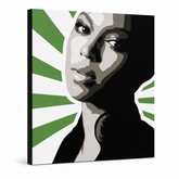 Dipinto a mano POP Art BEYONCÉ 1 pezzo bey4 – Visualizzazione 3D del quadro dipinto a mano su sfondo bianco. Colori dominanti: verde, nero, grigio, bianco, rosa.