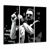 Dipinto a mano POP Art Big Lebowski 3 parti bl – Visualizzazione 3D del quadro dipinto a mano su sfondo bianco. Colori dominanti: nero, bianco, grigio.