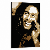 Dipinto a mano POP Art Bob Marley 1 parte bm – Visualizzazione 3D del quadro dipinto a mano su sfondo bianco. Colori dominanti: nero, marrone, bianco, oro.