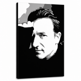 Dipinto a mano POP Art Bono-U2 1 pezzo bono – Visualizzazione 3D del quadro dipinto a mano su sfondo bianco. Colori dominanti: nero, bianco, grigio.