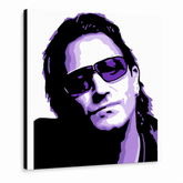 Dipinto a mano POP Art Bono-U2 1 pezzo bono3 – Visualizzazione 3D del quadro dipinto a mano su sfondo bianco. Colori dominanti: nero, viola, bianco.