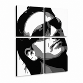 Dipinto a mano POP Art Bono-U2 4 pezzi bono2 – Visualizzazione 3D del quadro dipinto a mano su sfondo bianco. Colori dominanti: nero, bianco, grigio.