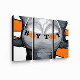 Dipinto a mano POP Art Boy Toy 3 pezzi boytoy – Visualizzazione 3D del quadro dipinto a mano su sfondo bianco. Colori dominanti: nero, arancione, grigio.