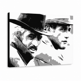 Dipinto a mano POP Art Butch Cassidy 1 pezzo bc – Visualizzazione 3D del quadro dipinto a mano su sfondo bianco. Colori dominanti: nero, bianco, grigio.