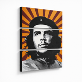 Dipinto a mano POP Art Che Guevara 3 pezzi che – Visualizzazione 3D del quadro dipinto a mano su sfondo bianco. Colori dominanti: giallo, nero, bianco, grigio, arancione.