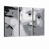 Dipinto a mano POP Art CHILD 3 parti bambino – Visualizzazione 3D del quadro dipinto a mano su sfondo bianco. Colori dominanti: bianco, nero, grigio.