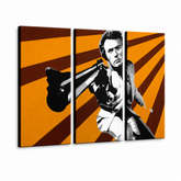 Dipinto a mano POP Art Clint Eastwood 3 parti ce – Visualizzazione 3D del quadro dipinto a mano su sfondo bianco. Colori dominanti: arancione, marrone, nero.