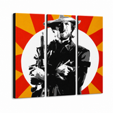 Dipinto a mano POP Art Clint Eastwood 3 pezzi ce2 – Visualizzazione 3D del quadro dipinto a mano su sfondo bianco. Colori dominanti: nero, giallo, rosso, bianco.