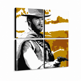 Dipinto a mano POP Art Clint Eastwood 3 pezzi ce3 – Visualizzazione 3D del quadro dipinto a mano su sfondo bianco. Colori dominanti: nero, arancione, bianco, grigio, marrone.