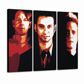 Dipinto a mano POP Art Depeche Mode 3 pezzi dep2 – Visualizzazione 3D del quadro dipinto a mano su sfondo bianco. Colori dominanti: nero, rosso, oranzová, bianco.