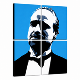 Dipinto a mano POP Art di Marlon Brando 4 parti mb4 – Visualizzazione 3D del quadro dipinto a mano su sfondo bianco. Colori dominanti: blu, nero, bianco.
