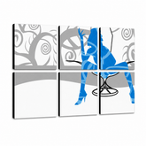 Dipinto a mano POP Art Donna blu 6 pezzi bw – Visualizzazione 3D del quadro dipinto a mano su sfondo bianco. Colori dominanti: blu, grigio, bianco.