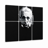 Dipinto a mano POP Art Einstein 6 parti einstein – Visualizzazione 3D del quadro dipinto a mano su sfondo bianco. Colori dominanti: nero, bianco, grigio.