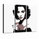 Dipinto a mano POP Art Elizabeth Taylor 3 pezzi et2 – Visualizzazione 3D del quadro dipinto a mano su sfondo bianco. Colori dominanti: nero, marrone, bianco.