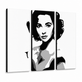 Dipinto a mano POP Art Elizabhet Taylor 3 pezzi et – Visualizzazione 3D del quadro dipinto a mano su sfondo bianco. Colori dominanti: nero, bianco, grigio.