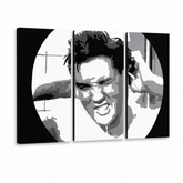 Dipinto a mano POP Art ELVIS 3 pezzi el2 – Visualizzazione 3D del quadro dipinto a mano su sfondo bianco. Colori dominanti: nero, bianco, giallo.