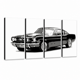 Dipinto a mano POP Art Ford Mustang 4 pezzi fm – Visualizzazione 3D del quadro dipinto a mano su sfondo bianco. Colori dominanti: nero, grigio, bianco.