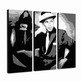 Dipinto a mano POP Art Frank Sinatra 3 pezzi sin – Visualizzazione 3D del quadro dipinto a mano su sfondo bianco. Colori dominanti: nero, bianco, grigio.