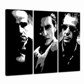 Dipinto a mano POP Art GODFATHER 3 pezzi god2 – Visualizzazione 3D del quadro dipinto a mano su sfondo bianco. Colori dominanti: nero, bianco, grigio.