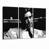 Dipinto a mano POP Art GODFATHER 3 pezzi god6 – Visualizzazione 3D del quadro dipinto a mano su sfondo bianco. Colori dominanti: nero, bianco, grigio.