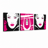 Dipinto a mano POP Art I-GIRL 3 pezzi pw – Visualizzazione 3D del quadro dipinto a mano su sfondo bianco. Colori dominanti: rosa, nero, bianco, grigio.