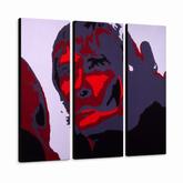Dipinto a mano POP Art Ian Brown 3 pezzi ib – Visualizzazione 3D del quadro dipinto a mano su sfondo bianco. Colori dominanti: nero, rosso, grigio.
