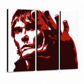 Dipinto a mano POP Art Ian Brown 3 pezzi ib3 – Visualizzazione 3D del quadro dipinto a mano su sfondo bianco. Colori dominanti: rosso, nero, bianco.