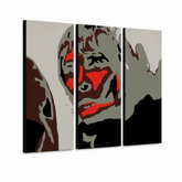 Dipinto a mano POP Art Ian Brown 3 pezzi ibb – Visualizzazione 3D del quadro dipinto a mano su sfondo bianco. Colori dominanti: nero, rosso, grigio, marrone, bianco.