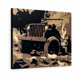 Dipinto a mano POP Art JEEP 1 pezzo jeep – Visualizzazione 3D del quadro dipinto a mano su sfondo bianco. Colori dominanti: marrone, nero, beige, oro.