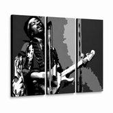 Dipinto a mano POP Art Jimmy Hendrix 3 pezzi jh – Visualizzazione 3D del quadro dipinto a mano su sfondo bianco. Colori dominanti: nero, bianco, grigio.
