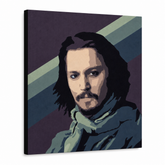 Dipinto a mano POP Art Johnny Depp1 pezzo jd – Visualizzazione 3D del quadro dipinto a mano su sfondo bianco. Colori dominanti: viola, blu, nero, beige, verde.