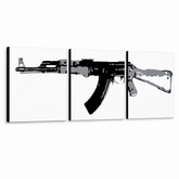 Dipinto a mano POP Art Kalashnikov 3 parti ka – Visualizzazione 3D del quadro dipinto a mano su sfondo bianco. Colori dominanti: nero, grigio, bianco.