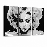 Dipinto a mano POP Art MADONNA 3 pezzi ma2 – Visualizzazione 3D del quadro dipinto a mano su sfondo bianco. Colori dominanti: nero, grigio, bianco.