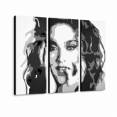 Dipinto a mano POP Art MADONNA 3 pezzi ma3 – Visualizzazione 3D del quadro dipinto a mano su sfondo bianco. Colori dominanti: nero, bianco, grigio.