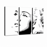 Dipinto a mano POP Art Madonna 3 pezzi ma4 – Visualizzazione 3D del quadro dipinto a mano su sfondo bianco. Colori dominanti: nero, bianco, grigio.